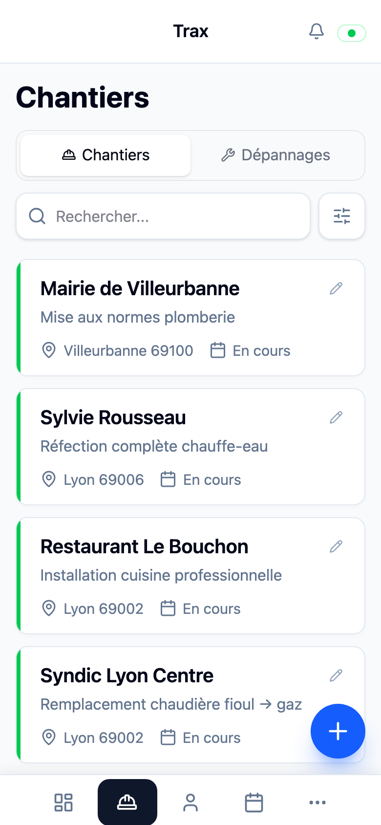 L'application Trax sur mobile — liste des chantiers