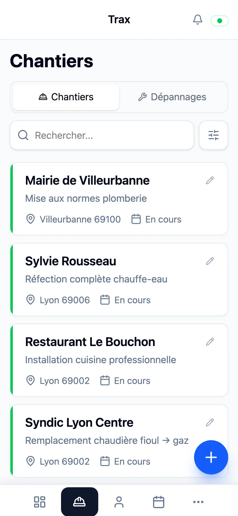 L'application Trax sur mobile — liste des chantiers